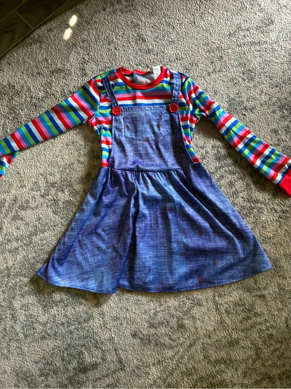 Girls' Rainbow Stripe Long Sleeve Top with Blue Denim-Style Pinafore Dress